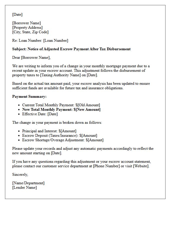 Notice of Adjusted Escrow Payment After Tax Disbursement Letter