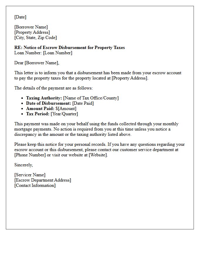 Notice of Escrow Disbursement for Property Taxes Letter