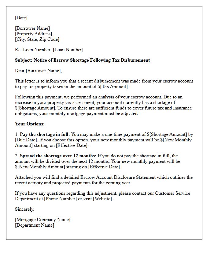 Notice of Escrow Shortage Following Tax Disbursement Letter