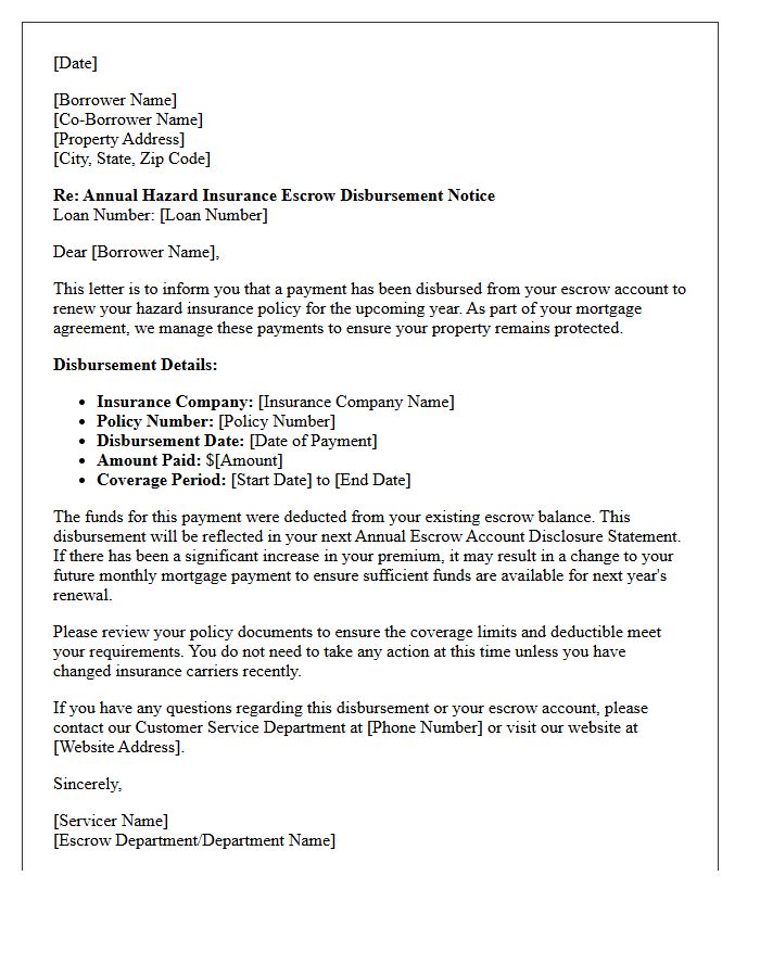 Annual Hazard Insurance Escrow Disbursement Notice Letter