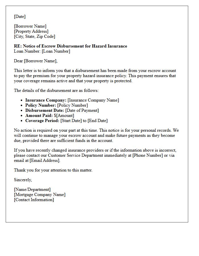 Escrow Disbursement Notice for Property Hazard Insurance Letter