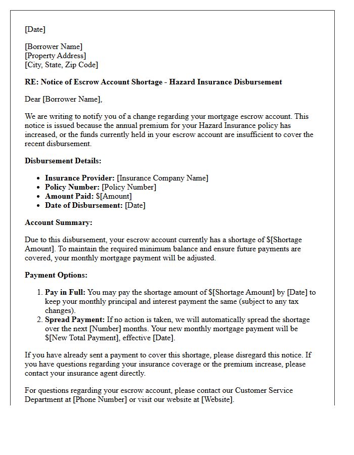 Hazard Insurance Escrow Disbursement Shortage Notice Letter