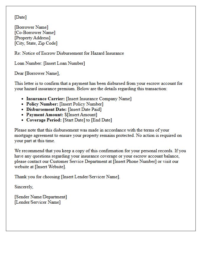 Hazard Insurance Premium Escrow Disbursement Confirmation Letter