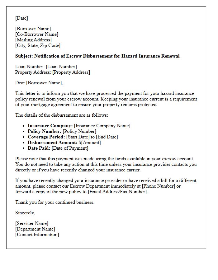 Hazard Insurance Renewal Escrow Disbursement Notification Letter