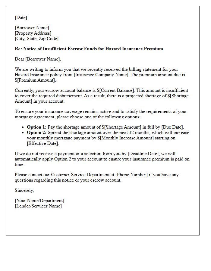 Insufficient Escrow Funds for Hazard Insurance Disbursement Letter