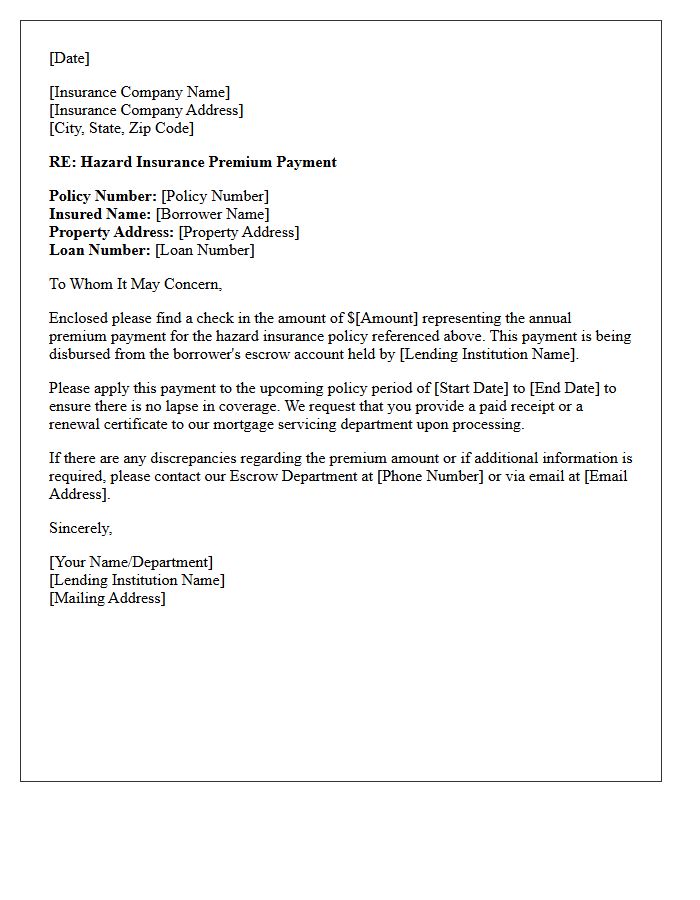 Lender Escrow Disbursement for Hazard Insurance Premium Letter