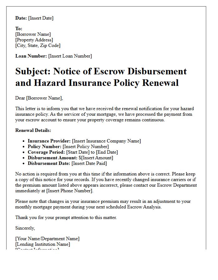 Notice of Escrow Disbursement and Hazard Insurance Policy Renewal Letter