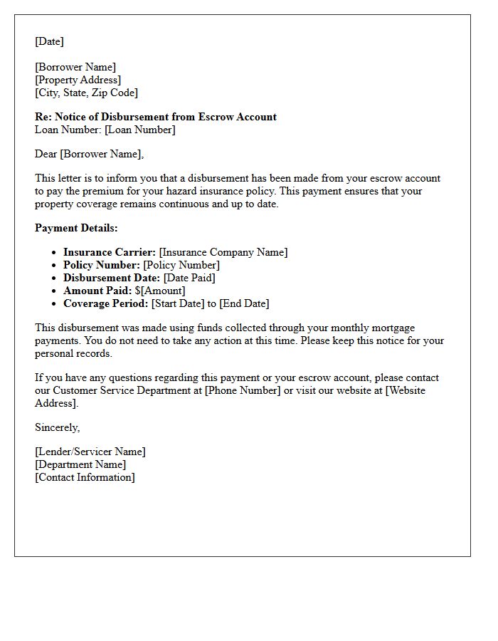 Post-Disbursement Notice of Hazard Insurance Escrow Payment Letter
