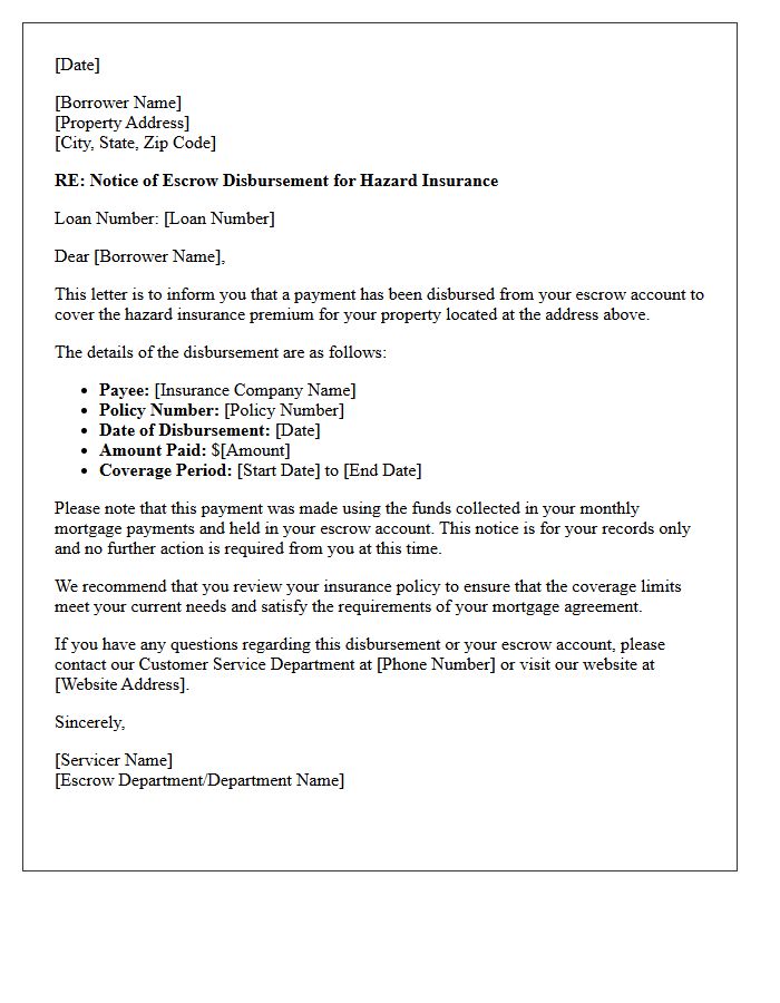 Standard Notice of Escrow Disbursement for Hazard Insurance Letter