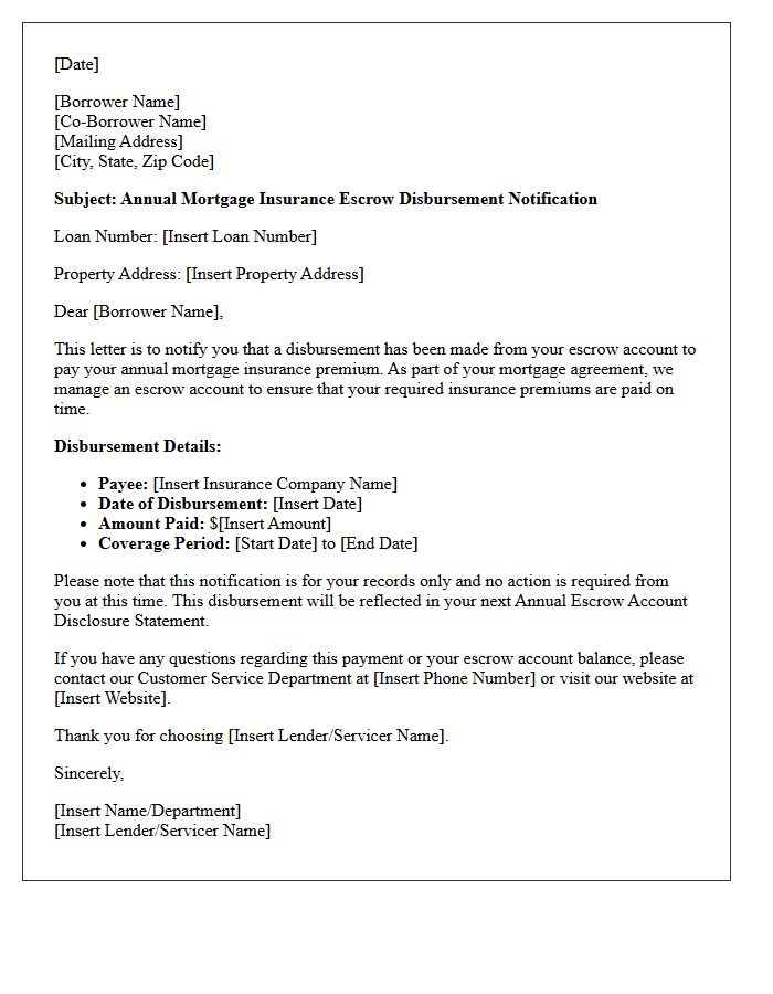 Annual Mortgage Insurance Escrow Disbursement Notification Letter