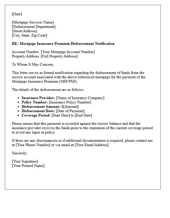 Escrow Account Mortgage Insurance Premium Disbursement Letter