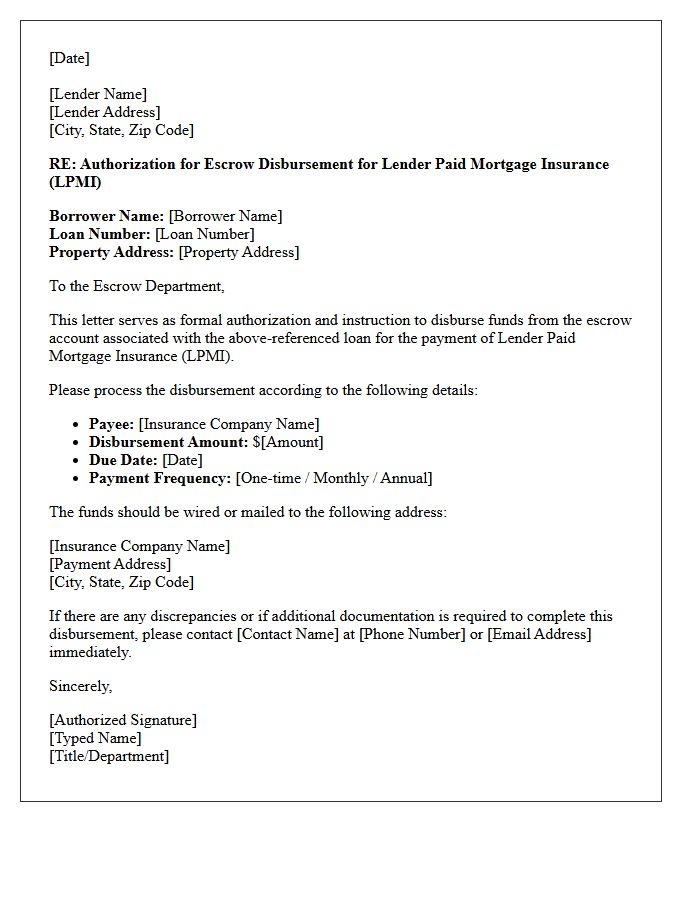 Escrow Disbursement Letter for Lender Paid Mortgage Insurance