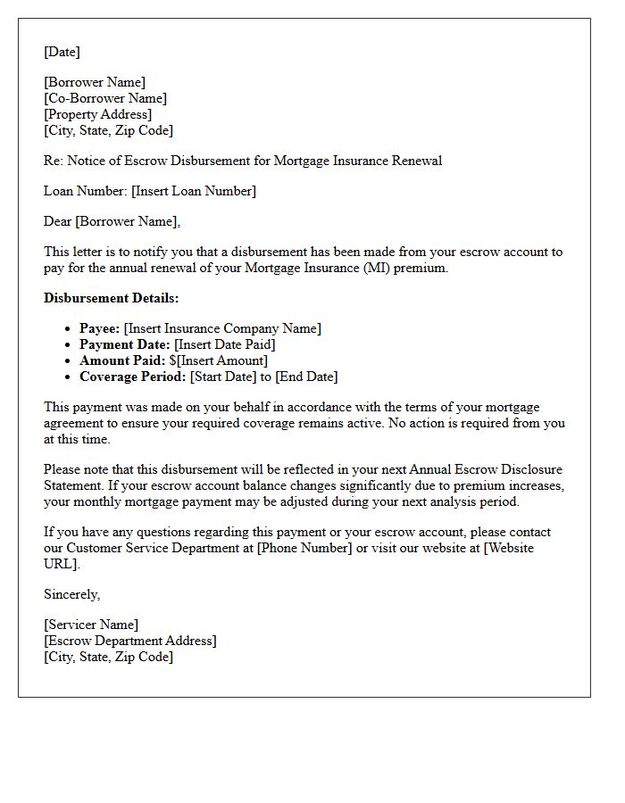 Escrow Disbursement Notice for Mortgage Insurance Renewal Letter