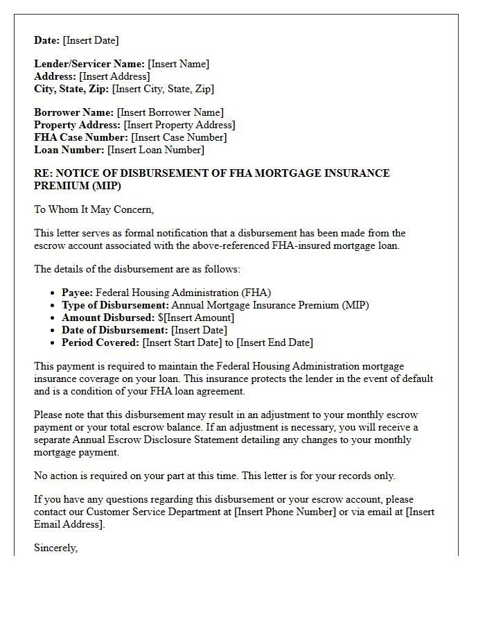 Federal Housing Administration Mortgage Insurance Escrow Disbursement Letter