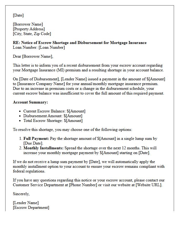 Mortgage Insurance Escrow Shortage Disbursement Notice Letter