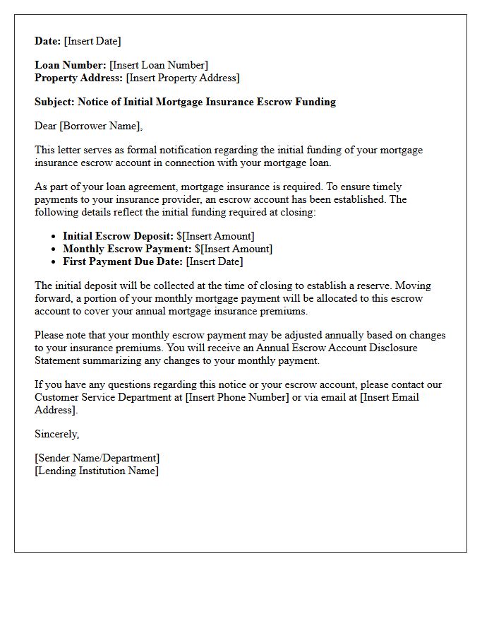 Notice of Initial Mortgage Insurance Escrow Funding Letter