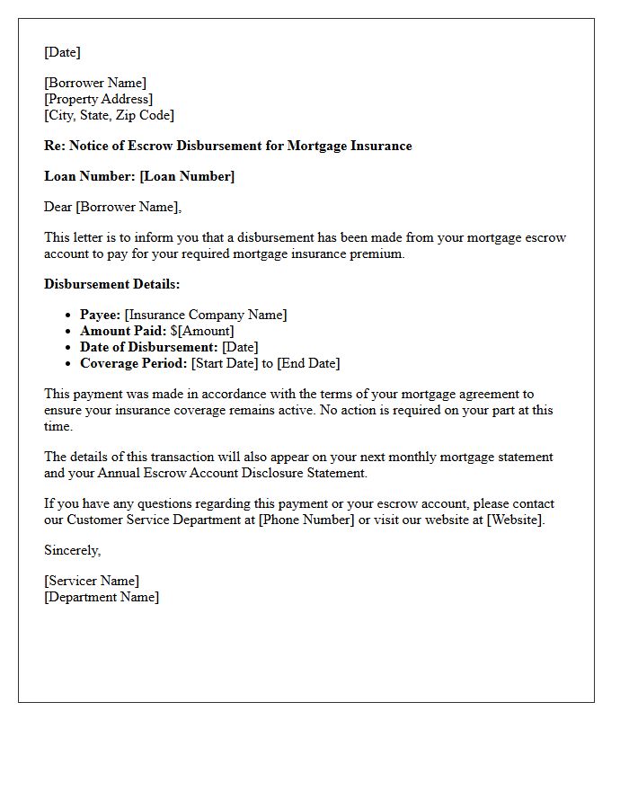 Standard Notice of Escrow Disbursement for Mortgage Insurance Letter