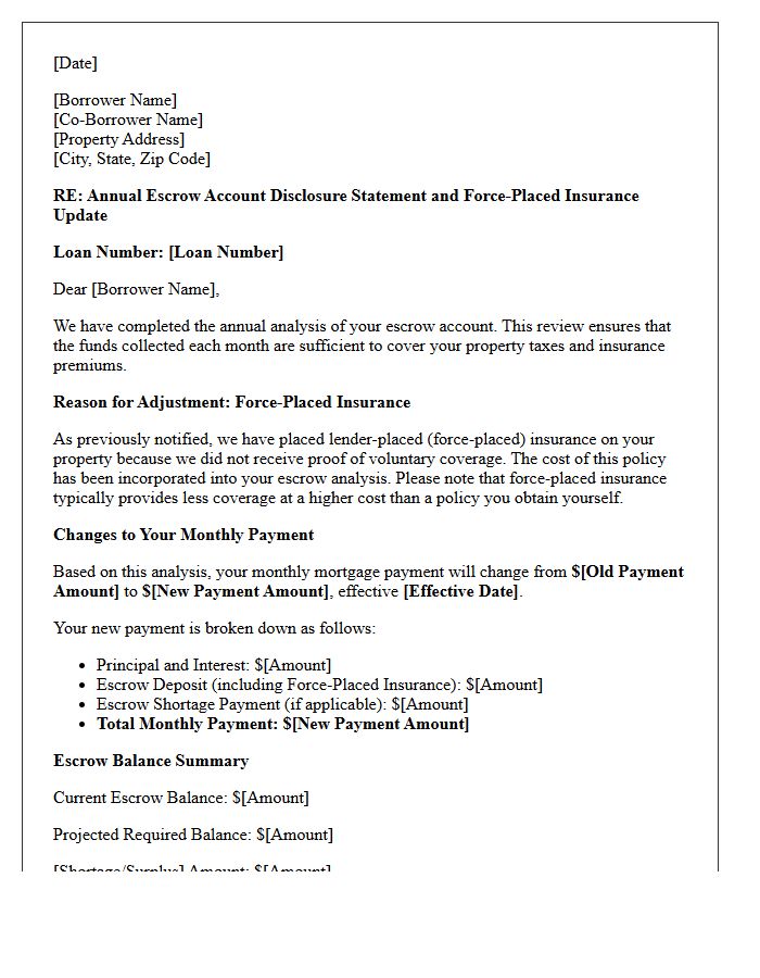 Annual Escrow Analysis Force-Placed Insurance Modification Letter