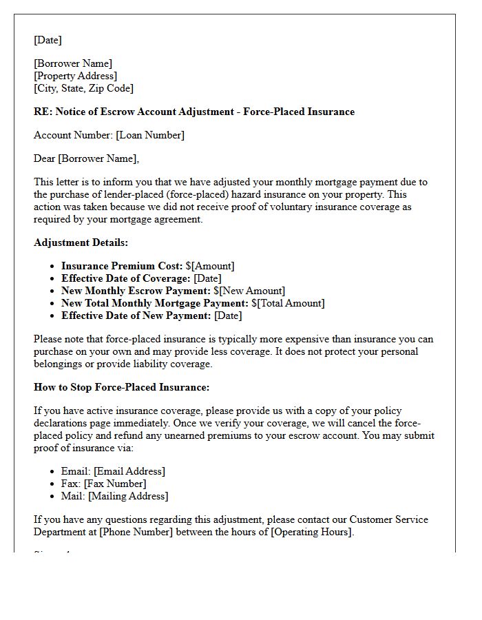 Escrow Account Adjustment Due to Force-Placed Insurance Letter