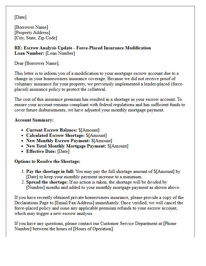 Escrow Shortage Due to Force-Placed Insurance Modification Letter