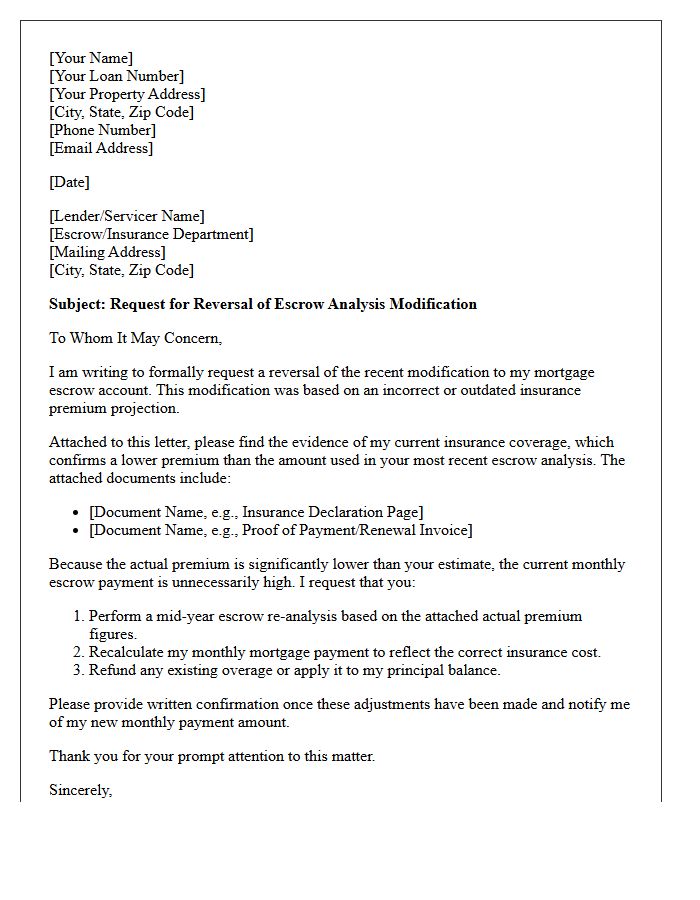Evidence of Insurance Escrow Modification Reversal Letter