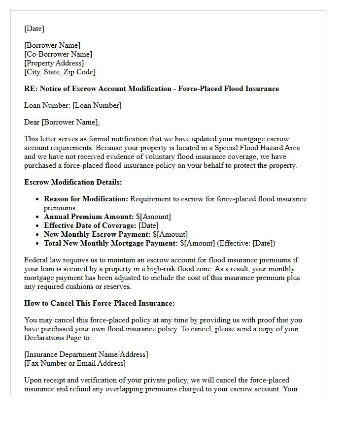Flood Insurance Force-Placed Escrow Modification Notice Letter