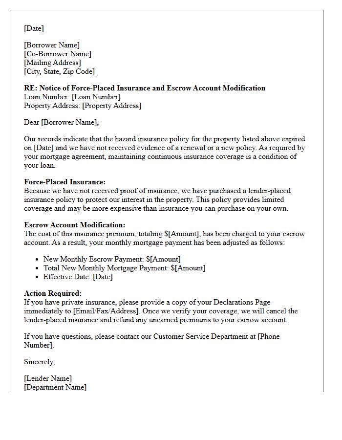 Hazard Insurance Lapse Force-Placed Escrow Modification Letter