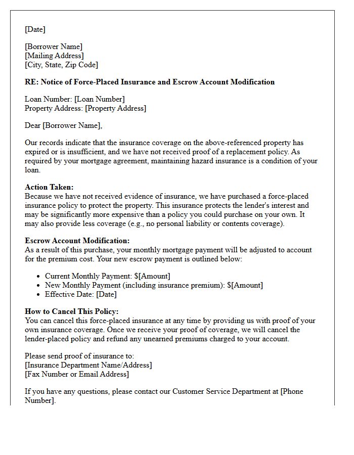 Initial Notice of Force-Placed Insurance Escrow Modification Letter