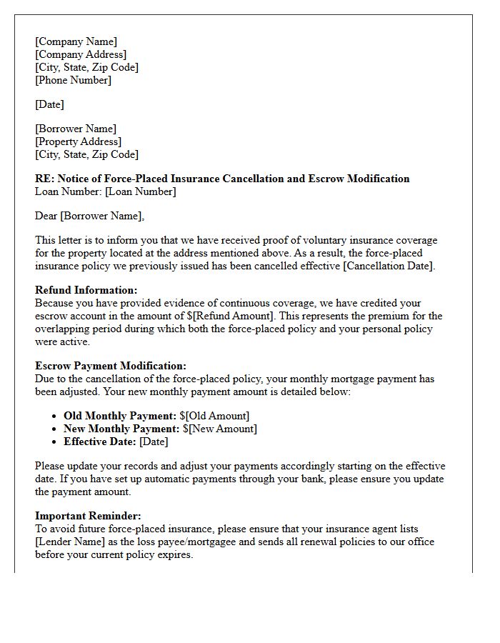 Notice of Force-Placed Insurance Cancellation Escrow Modification Letter