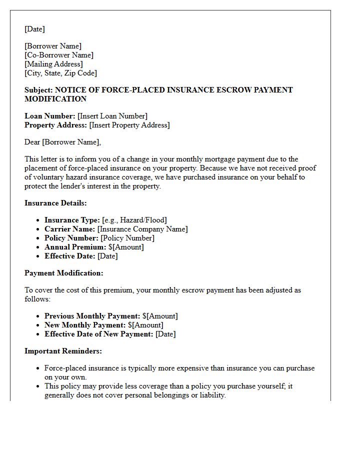 Notice of Force-Placed Insurance Escrow Payment Modification Letter