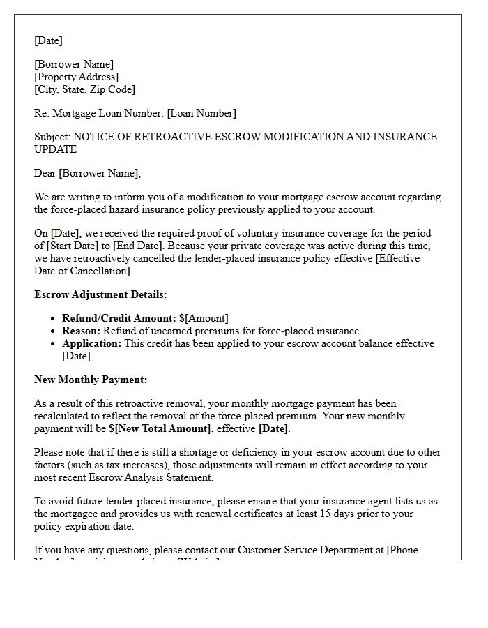 Retroactive Force-Placed Insurance Escrow Modification Letter