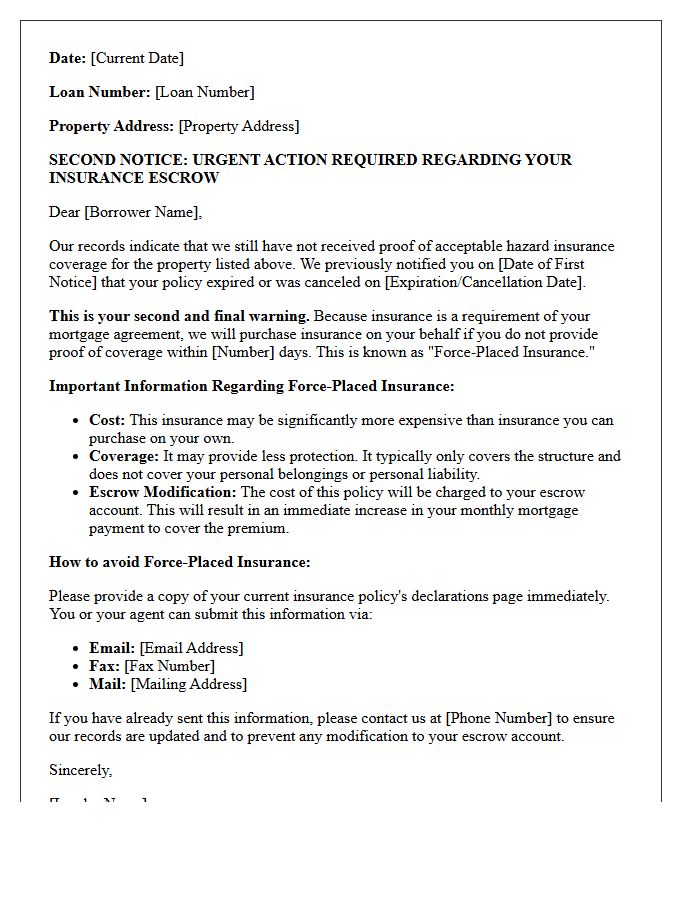 Second Warning Force-Placed Insurance Escrow Modification Letter