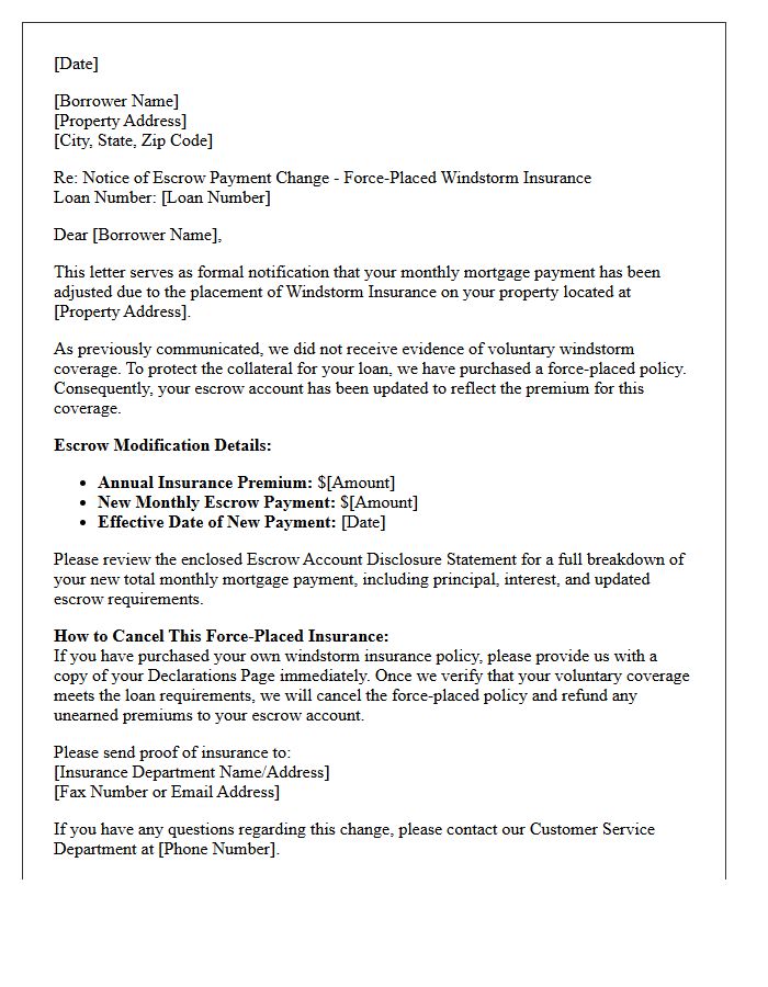 Windstorm Force-Placed Insurance Escrow Modification Notice Letter