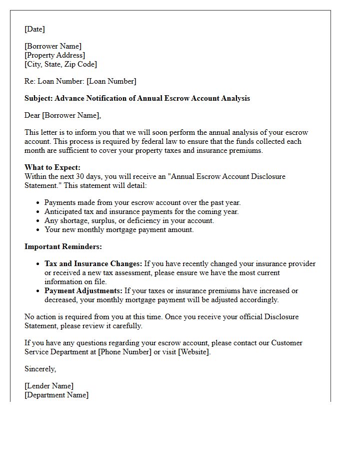 Annual Escrow Analysis Advance Notification Letter