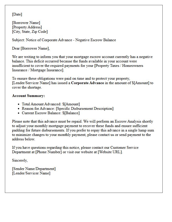 Corporate Advance for Negative Escrow Balance Letter
