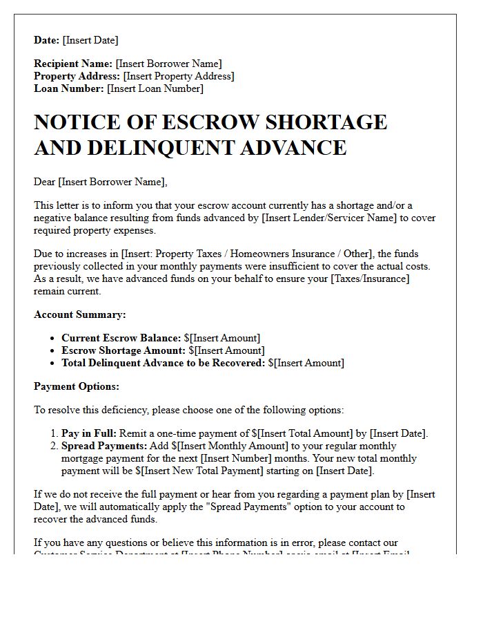 Delinquent Escrow Advance and Shortage Notice Letter