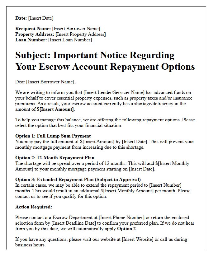 Escrow Advance Repayment Plan Option Letter