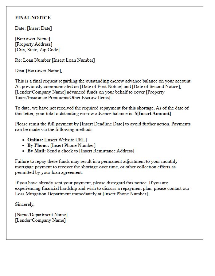 Final Request for Escrow Advance Repayment Letter