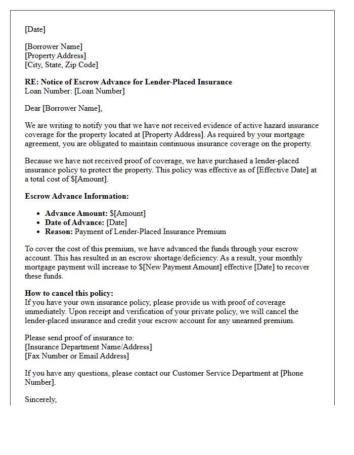 Force Placed Insurance Escrow Advance Letter