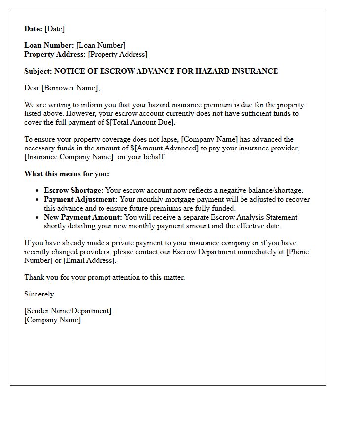 Hazard Insurance Insufficient Funds Escrow Advance Letter