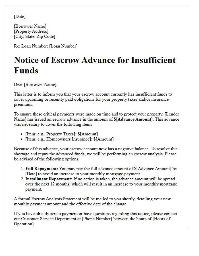 Initial Notice of Escrow Advance for Insufficient Funds Letter