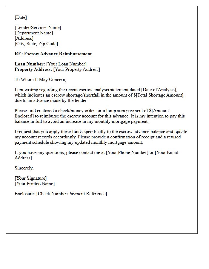 Lump Sum Escrow Advance Reimbursement Letter