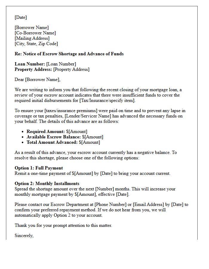 Post Closing Insufficient Escrow Funds Advance Letter