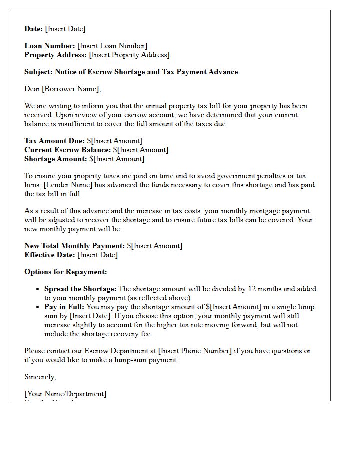 Property Tax Shortage Escrow Advance Letter
