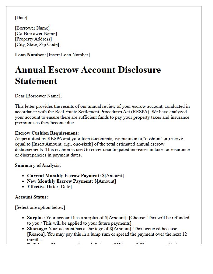Annual RESPA Escrow Cushion Analysis Letter