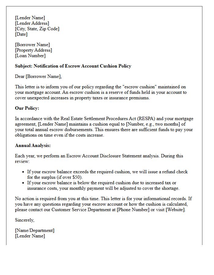 Mortgage Lender Escrow Cushion Policy Letter