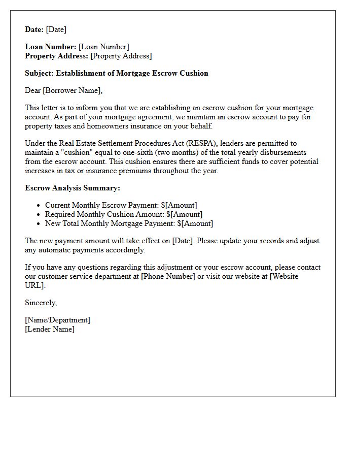 New Mortgage Escrow Cushion Establishment Letter