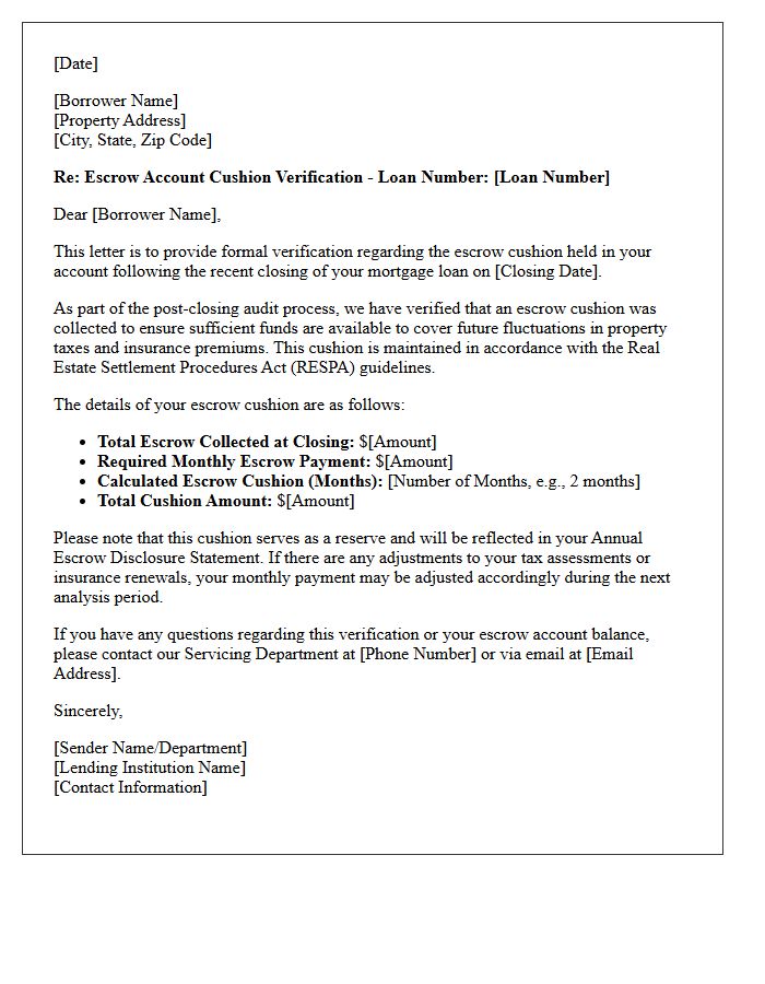 Post Closing Escrow Cushion Verification Letter