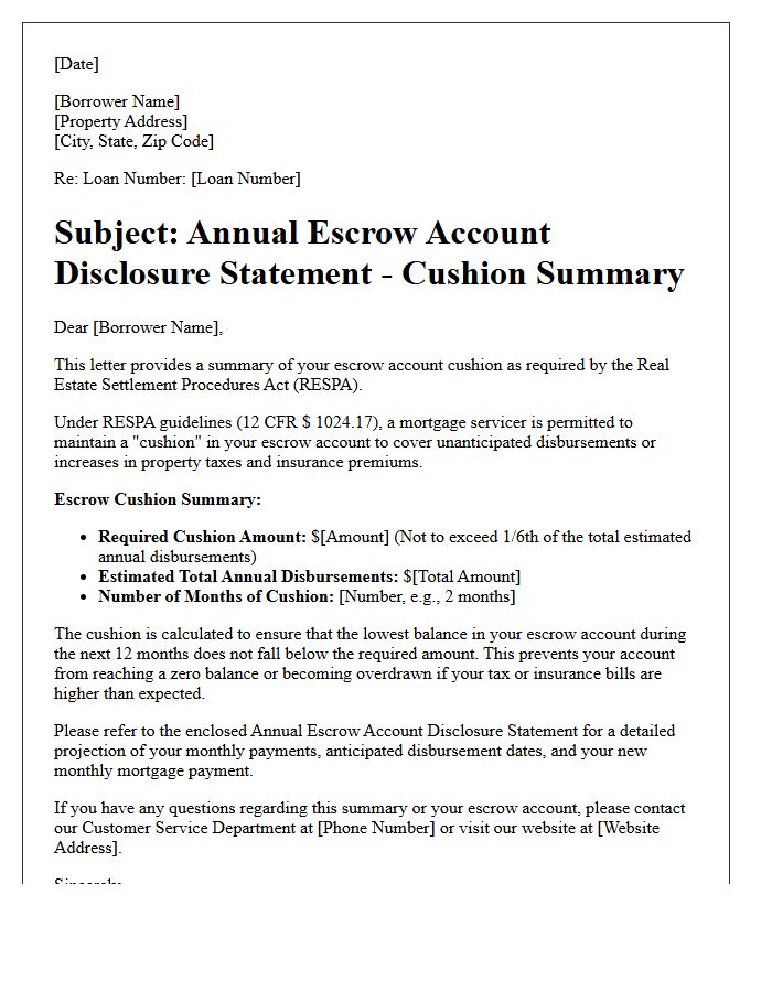 RESPA Compliant Escrow Cushion Summary Letter
