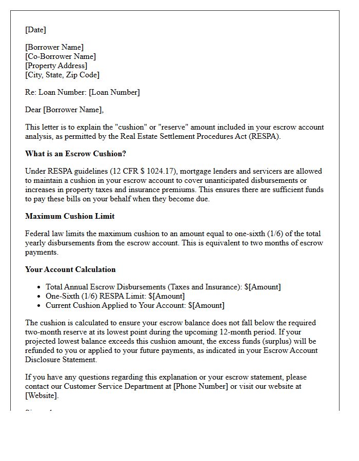 RESPA Escrow Cushion Limit Explanation Letter